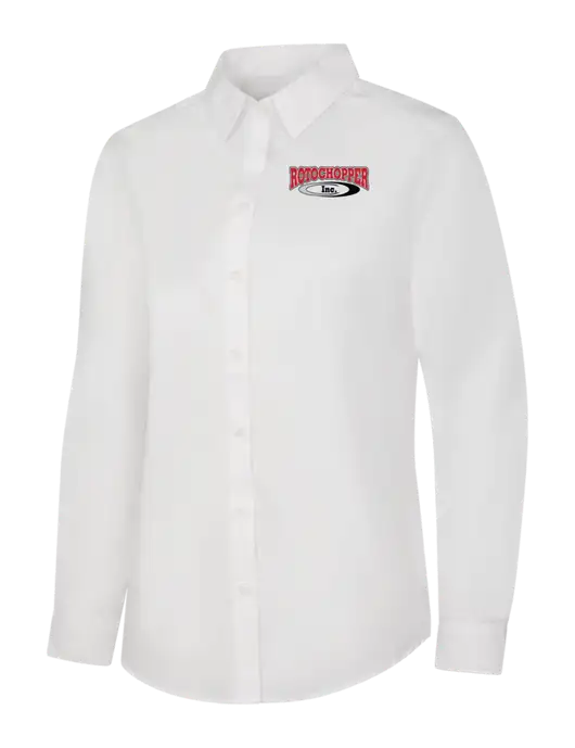 Womens White Long Sleeve Carefree Poplin Shirt w/Rotochopper Logo