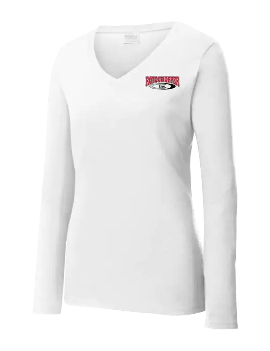 Womens  V-Neck Ring Spun White 4.5 oz Long Sleeve T-Shirt w/Rotochopper Logo