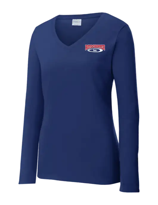 Womens  V-Neck Ring Spun Navy 4.5 oz Long Sleeve T-Shirt w/Rotochopper Logo