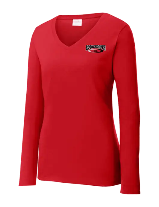 Womens  V-Neck Ring Spun Bright Red 4.5 oz Long Sleeve T-Shirt w/Rotochopper Logo