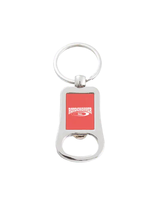 Silver & Red Bottle Opener Keychain w/Rotochopper Logo