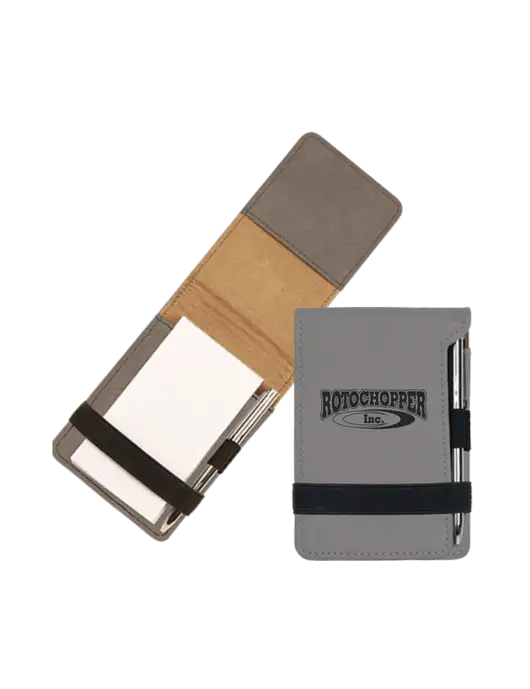 Grey Leatherette Mini Notepad with Pen, 3.25 x 4.75 w/Rotochopper Logo