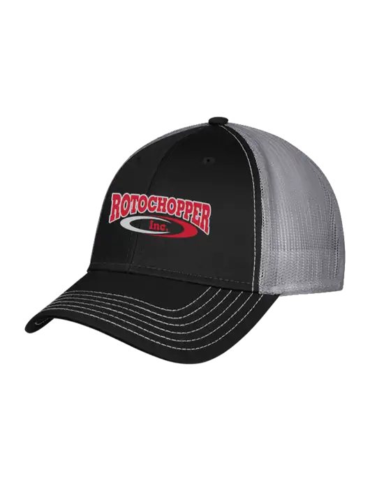 Black/Medium Dark Grey Mesh Trucker Cap Snap Back w/Rotochopper Logo