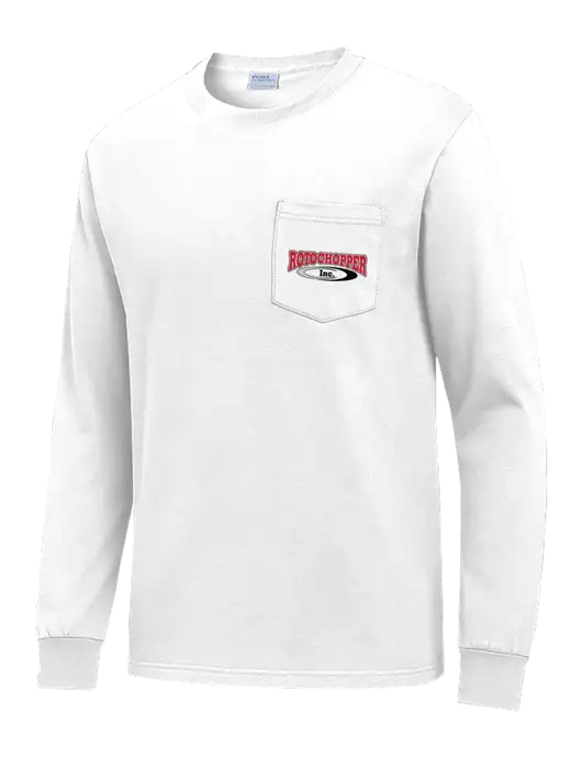 White Long Sleeve Heavyweight 6.1 oz Pocket T-Shirt w/Rotochopper Logo