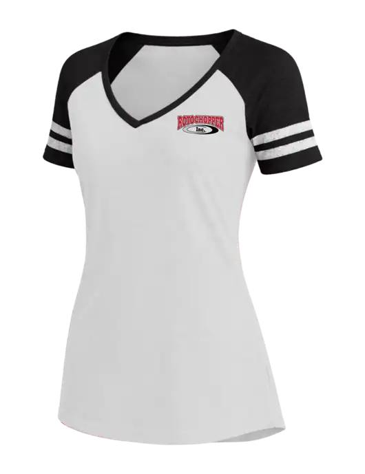 Womens White/Black V-Neck Game Tee w/Rotochopper Logo