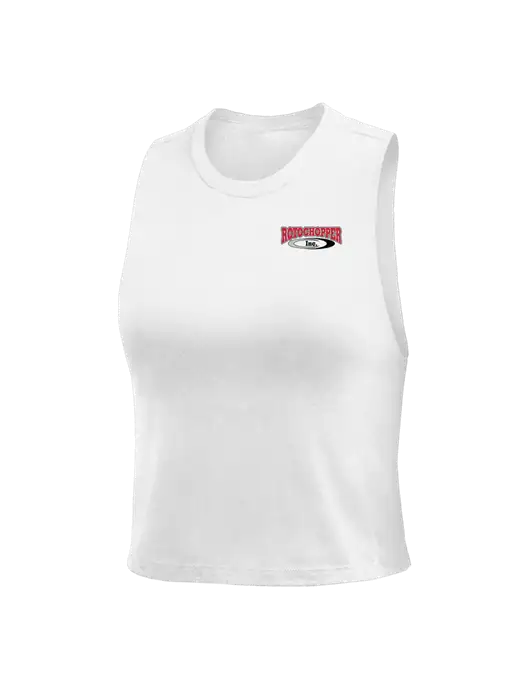 BELLA+CANVAS Womens White Racerback Crop Tank  w/Rotochopper Logo