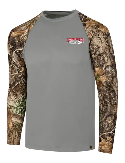 Russell Outdoors Medium Grey/Realtree Edge Camo Colorblock Performance Long Sleeve T-Shirt w/Rotochopper Logo