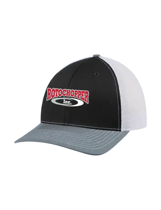 Richardson Adjustable Snapback Original 112 Trucker Cap Black/Light Heather Grey/White Mesh w/Rotochopper Logo