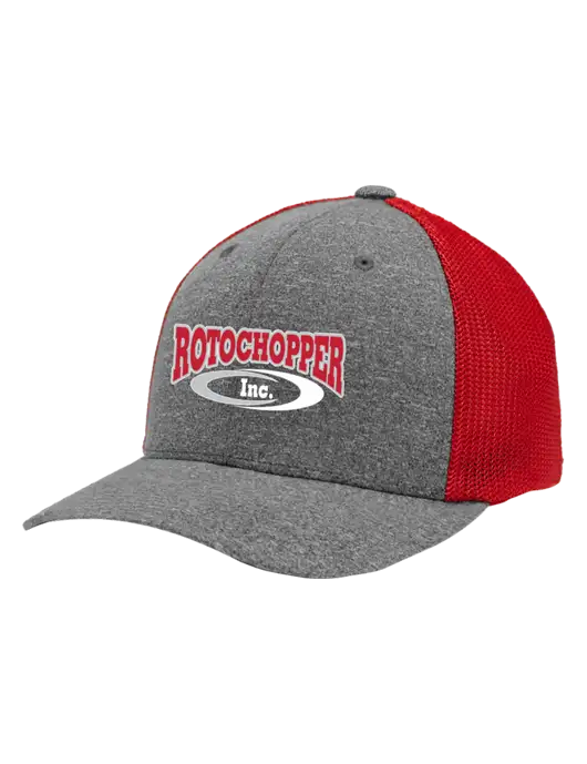 Flexfit Red/Medium Grey Heather Melange Mesh Back Trucker Cap w/Rotochopper Logo